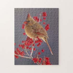Female Northern Cardinal among hawthorn Jigsaw Puzzle