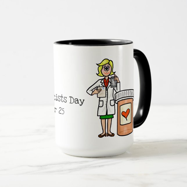 Female Pharmacist with Pill Bottle Mug (Front Right)