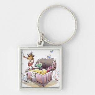 Female pirate standing on a treasure chest key ring