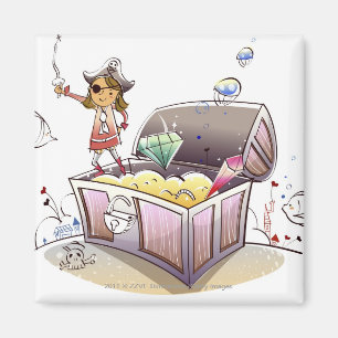 Female pirate standing on a treasure chest magnet