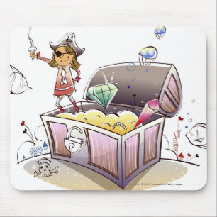 Female pirate standing on a treasure chest mouse mat