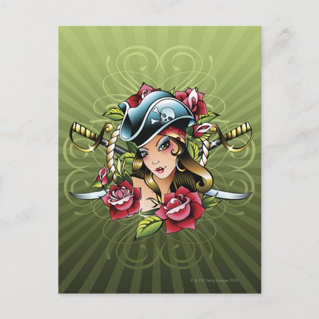 Female pirate with roses and swords postcard (Front)