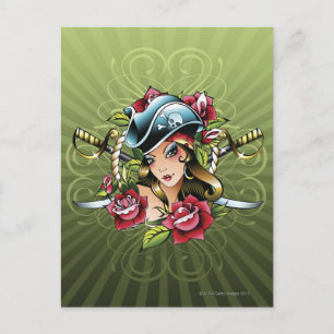 Female pirate with roses and swords postcard