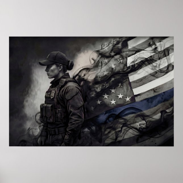 Female Police Tribute Blue Line American Flag LEO Poster (Front)