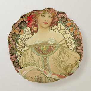 Female Portrait Alphonse Mucha Round Cushion
