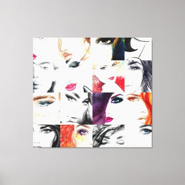 Female Portrait Collage Watercolor Illustration Canvas Print (Front)