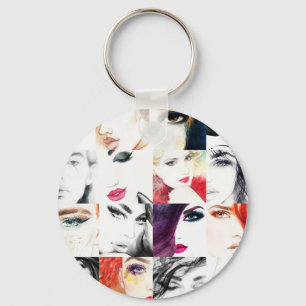 Female Portrait Collage Watercolor Illustration Key Ring