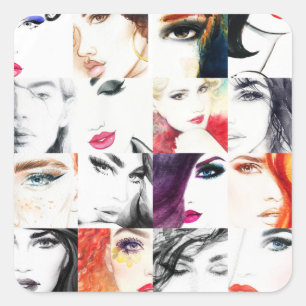 Female Portrait Collage Watercolor Illustration Square Sticker