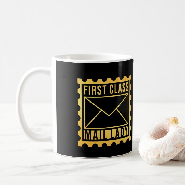 Female Postal Worker First Class Mail Lady Stamp Coffee Mug (With Donut)