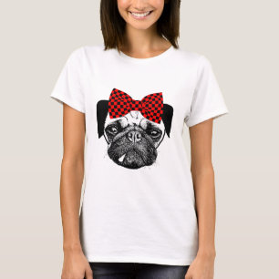 Female Pug Dog Red Checkers Bow Original pets Art T-Shirt