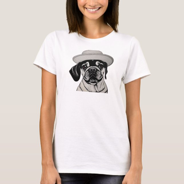 Female Pug Wearing a Hat & Coat T-Shirt (Front)