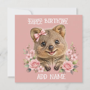 Female Quokka: Baby Animal Pastel bow & Flowers Card