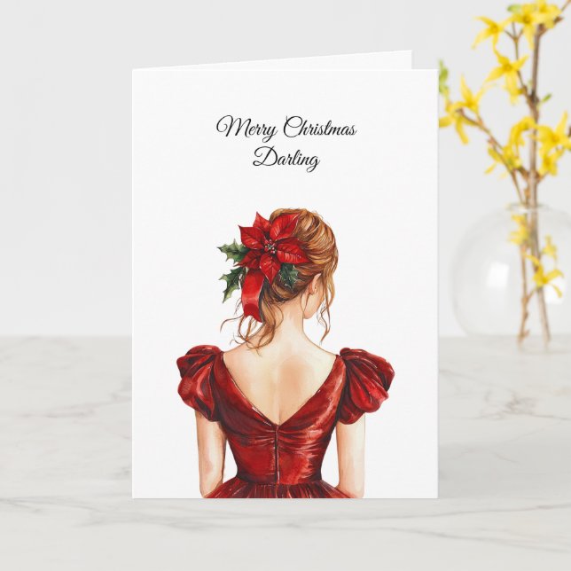 Female Red Dress Christmas   Card (Yellow Flower)