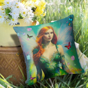 Female Red Hair Fairy Portrait in Green Dress Cushion