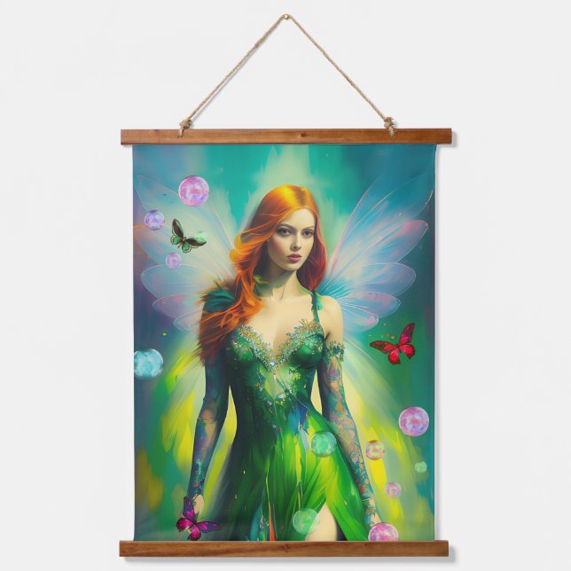 Female Red Hair Fairy Portrait in Green Dress Hanging Tapestry (Front)