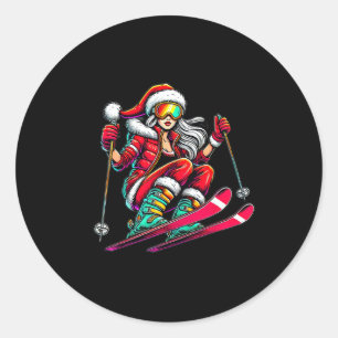 Female Santa Claus - Christmas Skiing Classic Round Sticker