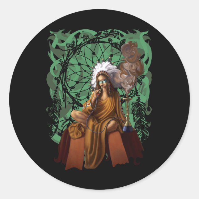Female Shaman with Headdress | Dream Catcher Classic Round Sticker (Front)
