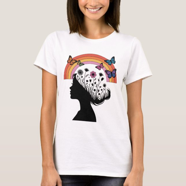 Female Silhouette Floral Rainbow Illustration T-Shirt (Front)