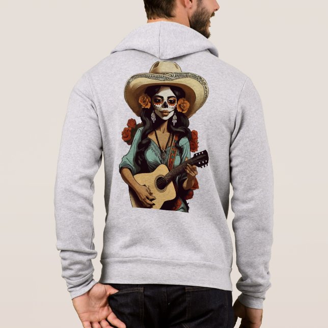 Female skeleton playing classical guitar hoodie (Back)