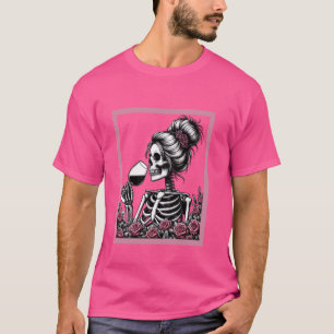 Female Skeleton Wine Drinking Messy Bun Vintage Ha T-Shirt