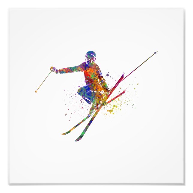 Female skier in watercolor photo print (Front)