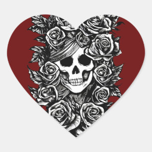 Female Skull Roses Goth Original ink drawing Art   Heart Sticker