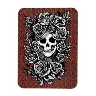 Female Skull Roses Goth Original ink drawing Art Magnet