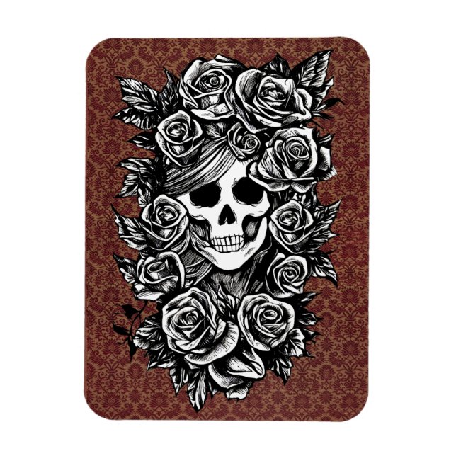 Female Skull Roses Goth Original ink drawing Art   Magnet (Vertical)