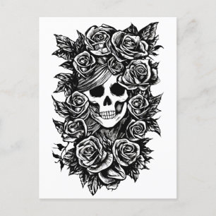 Female Skull Roses Goth Original ink drawing Art   Postcard