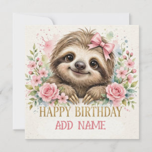 Female Sloth: Baby Animal Pastel bow & Flowers Card