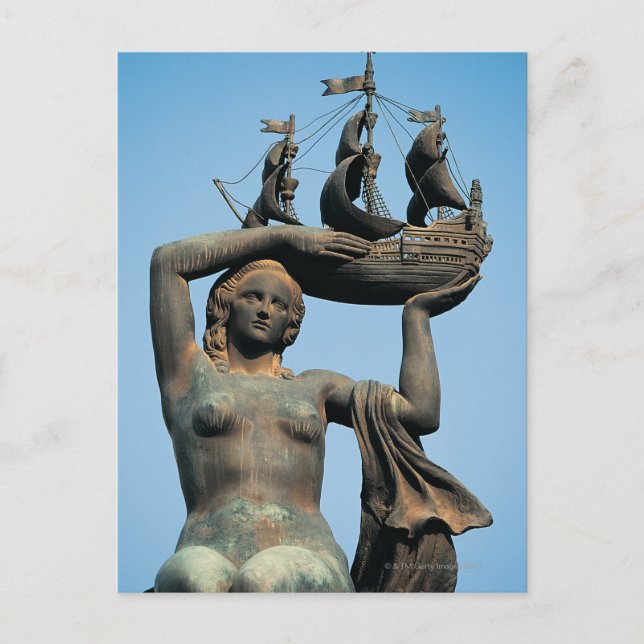 Female statue holding ship, Barcelona Postcard (Front)