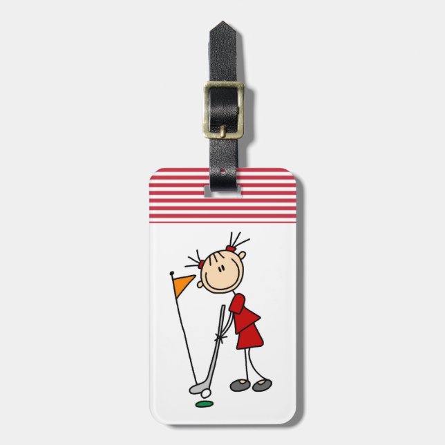 Female Stick Figure Golfer Luggage Tag (Front Vertical)