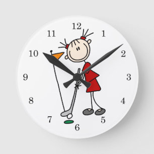 Female Stick Figure Golfer Round Clock