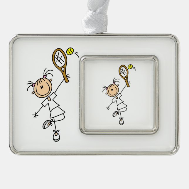 Female Stick Figure Tennis Player Silver Plated Framed Ornament (Front)