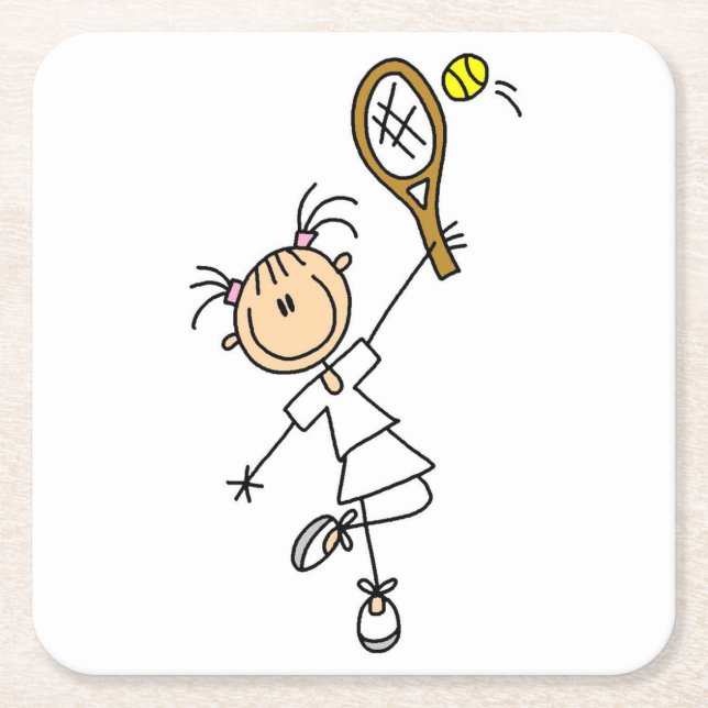 Female Stick Figure Tennis Player Square Paper Coaster (Front)