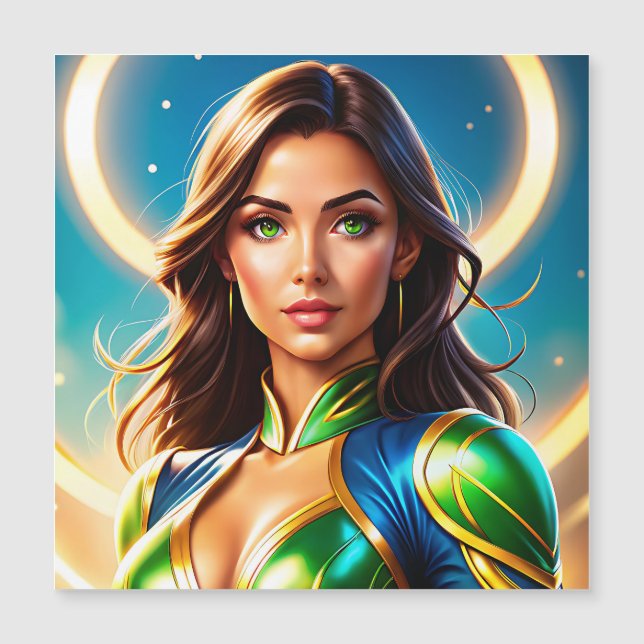 Female superhero portrait in emerald-and-gold armo (Front)