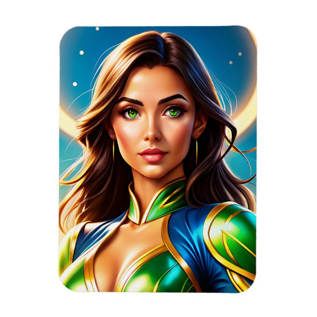 Female superhero portrait in emerald-and-gold armo magnet (Vertical)