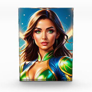Female superhero portrait in emerald-and-gold armo photo block