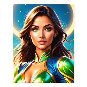 Female superhero portrait in emerald-and-gold armo photo print