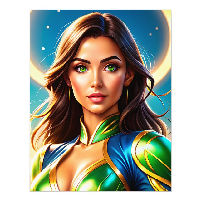 Female superhero portrait in emerald-and-gold armo photo print (Front)