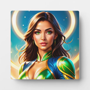 Female superhero portrait in emerald-and-gold armo plaque