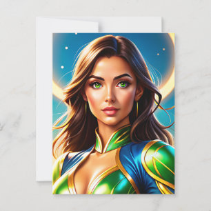 Female superhero portrait in emerald-and-gold armo postcard