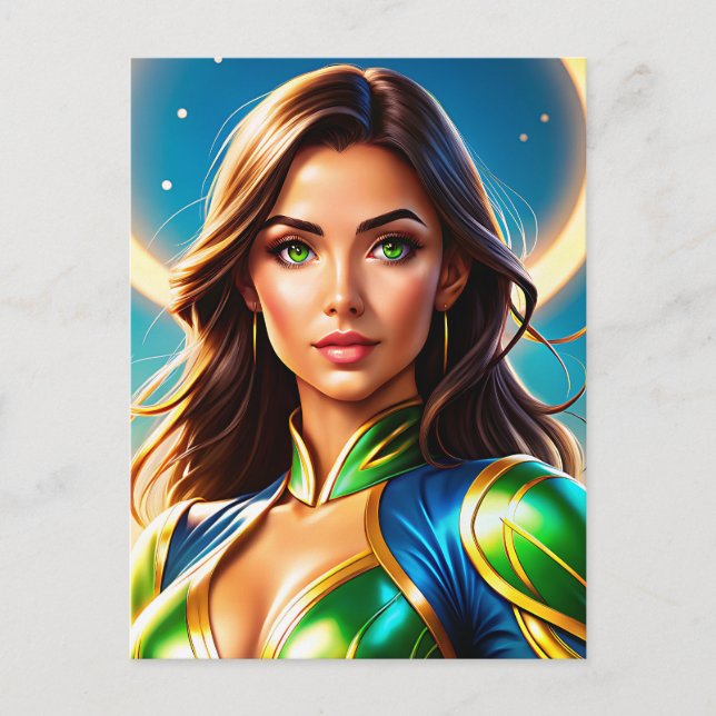 Female superhero portrait in emerald-and-gold armo postcard (Front)