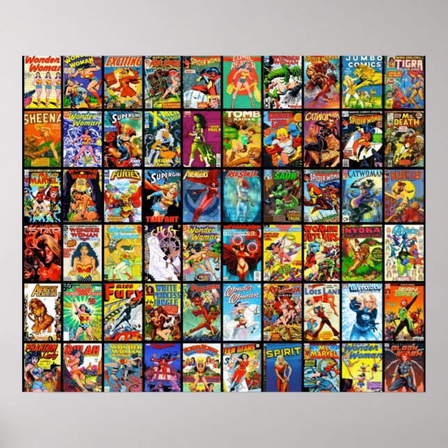 Female Superhero Vintage Comic Book Collection Pat Poster (Front)