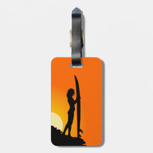 Female surfer at sunset. Orange/Black Luggage Tag