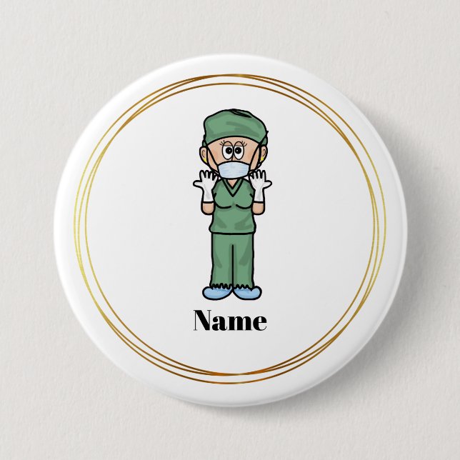Female Surgeon in Scrubs Name Button (Front)