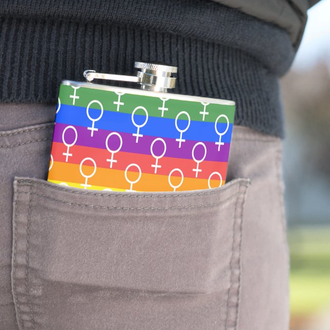 Female Symbol Rainbow Pattern Hip Flask (In Situ)