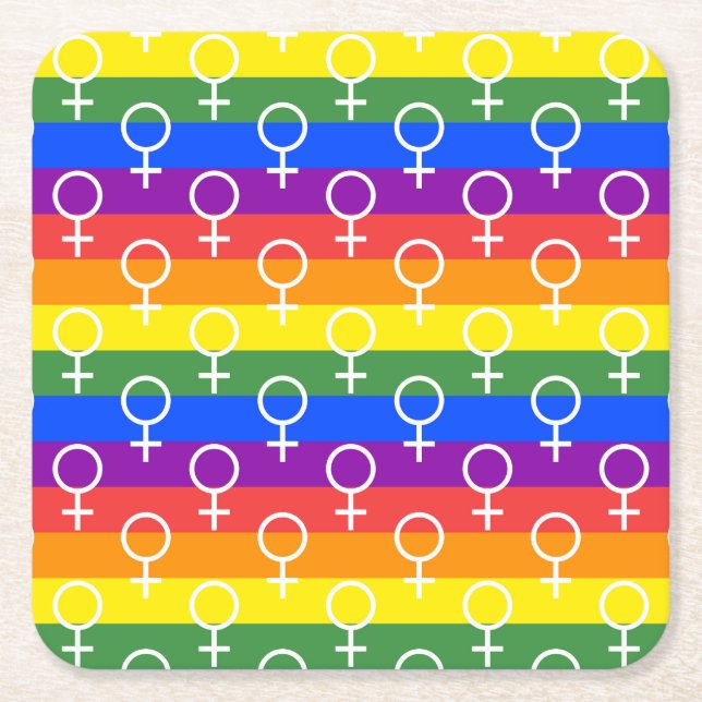 Female Symbol Rainbow Pattern Square Paper Coaster (Front)