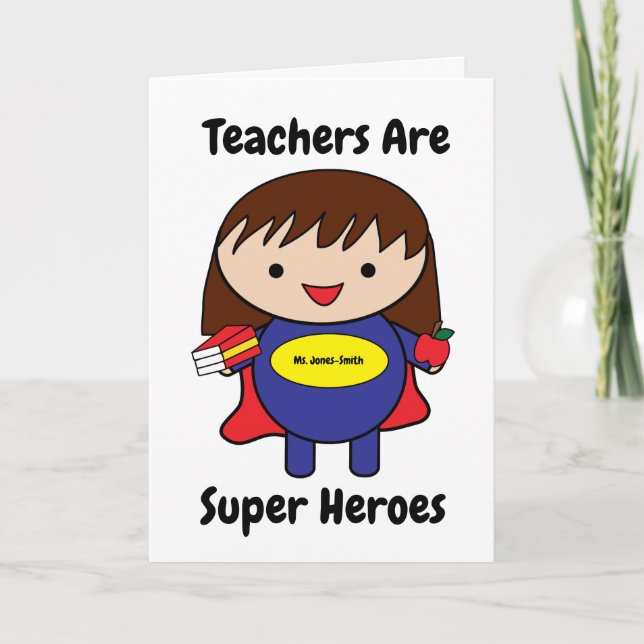 Female Teacher Super Hero Kawaii Personalise Card (Front)