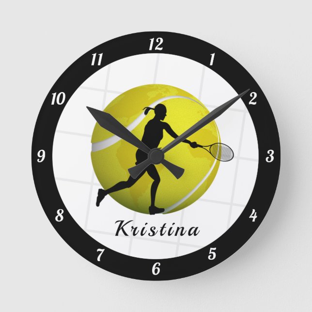 Female Tennis Player Silhouette Girls Name Ball Round Clock (Front)